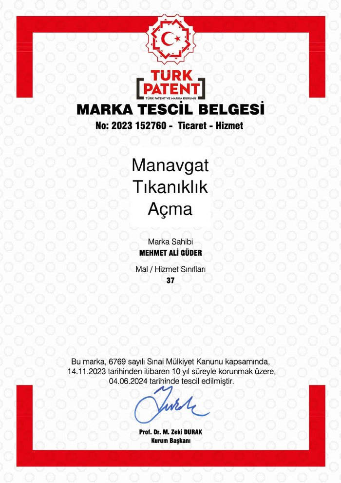 Manavgat Tıkanıklık Açma Marka Tescil Belgesi - Türk Patent ve Marka Kurumu No: 2023 152760
